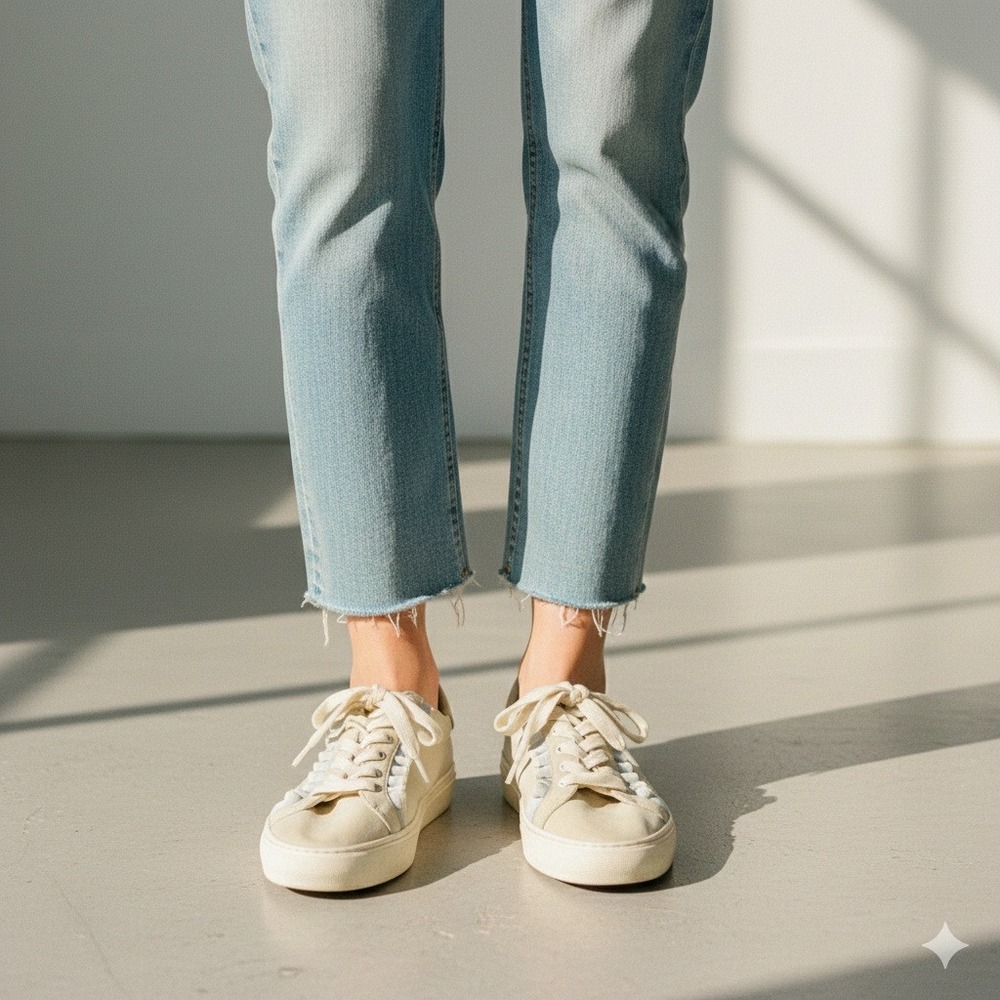 Tory Sport Ruffle Lace Up Cream Suede Leather Platform Sneakers - Size 9.5